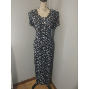 Women's Vintage Liz Baker Navy Floral Maxi Dress Size 18 Blue & Pink Flowers